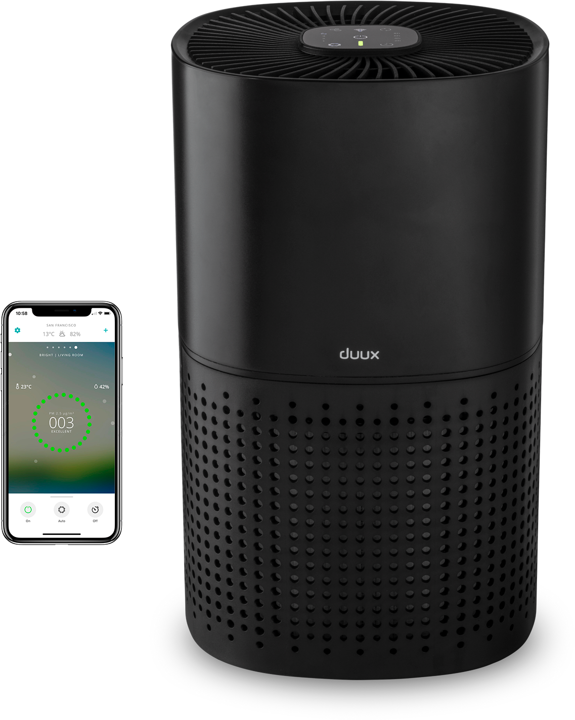 Zwarte luchtreiniger met een smartphone die luchtkwaliteitsgegevens weergeeft. De reiniger heeft een circulair design, duux.