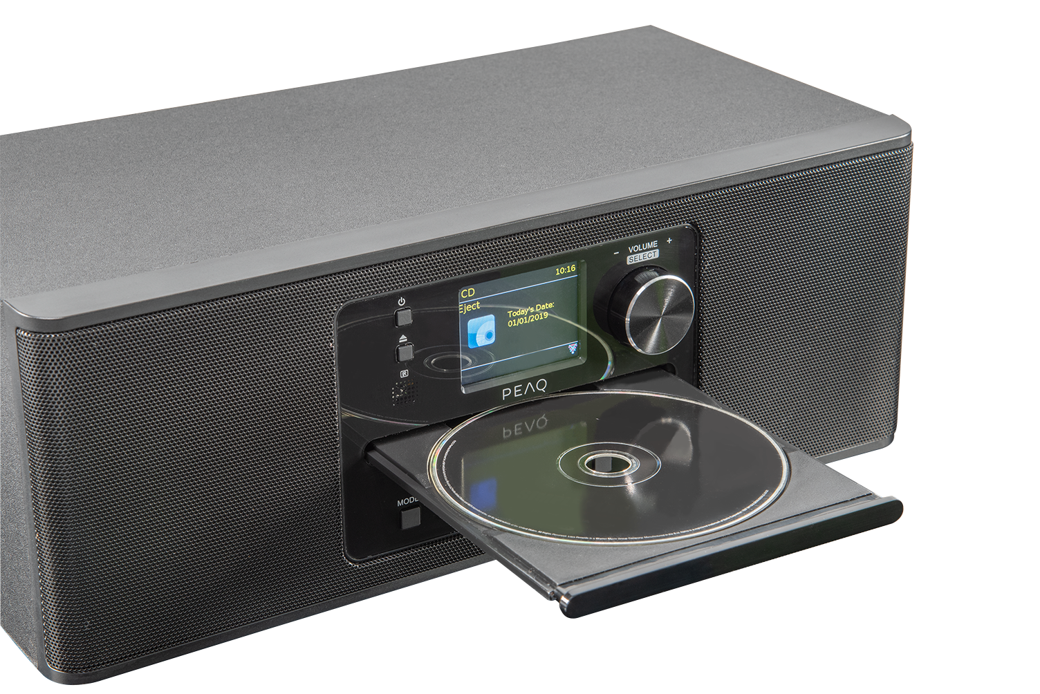 Schwarze Stereoanlage mit geöffnetem CD-Fach, zeigt Zeit und CD-Informationen.