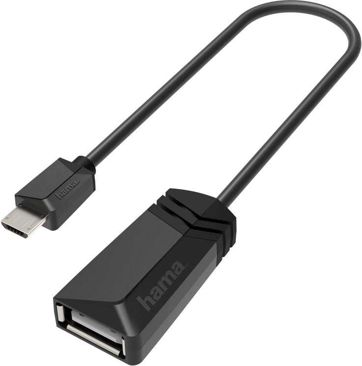 Zwarte USB naar Micro USB kabeladapter. Het merk Hama is zichtbaar op de connectoren.