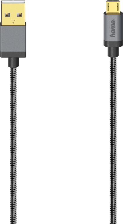 Câble USB avec spirale métallique, extrémités grises, connecteur USB-A doré, fond noir.