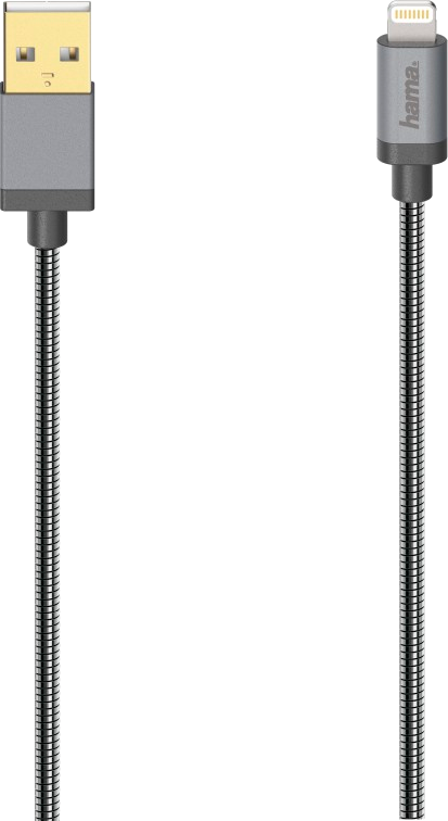 Câble USB vers Lightning. Une extrémité est USB dorée, l'autre est un connecteur Lightning gris avec 'hama'.