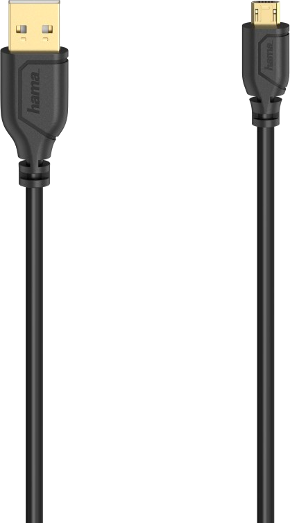 Un câble noir USB vers Micro-USB. L'extrémité USB est dorée et l'extrémité Micro-USB est noire.