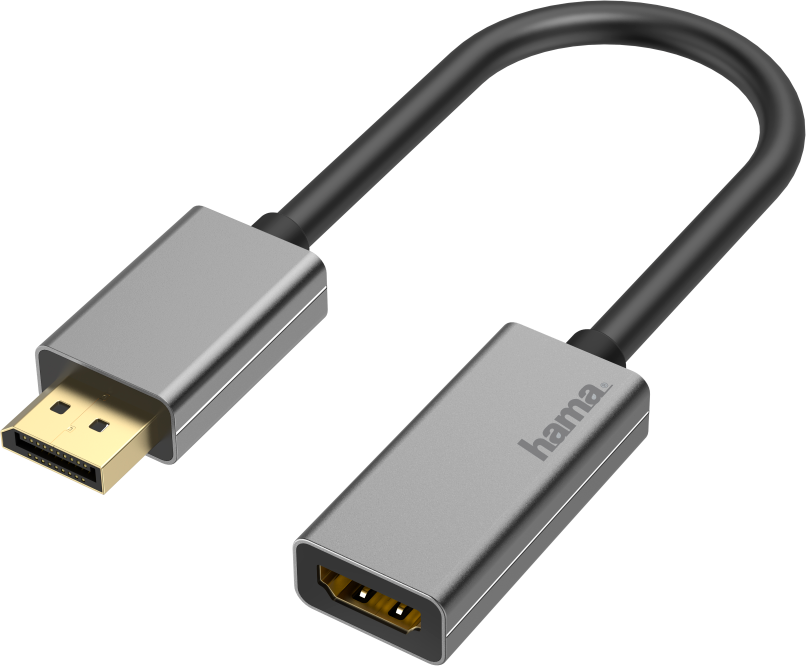 Un câble adaptateur DisplayPort vers HDMI argenté avec des connecteurs aux deux extrémités.