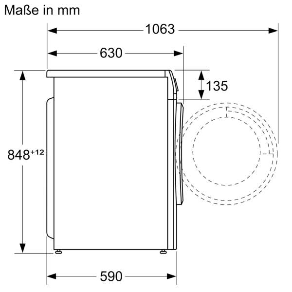 Seitenansicht Diagramm einer Waschmaschine mit Abmessungen in Millimetern: Höhe 848+12, Breite 1063, Tiefe 590 und Tür Tiefe 135.