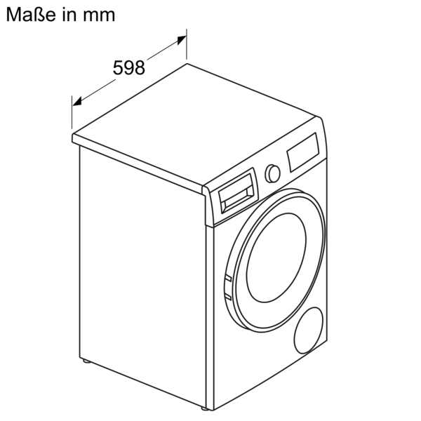 Isometrische Ansicht einer Waschmaschine mit Tür und Bedienfeld. Die Oberseite ist mit Abmessungen, 598 mm, beschriftet.