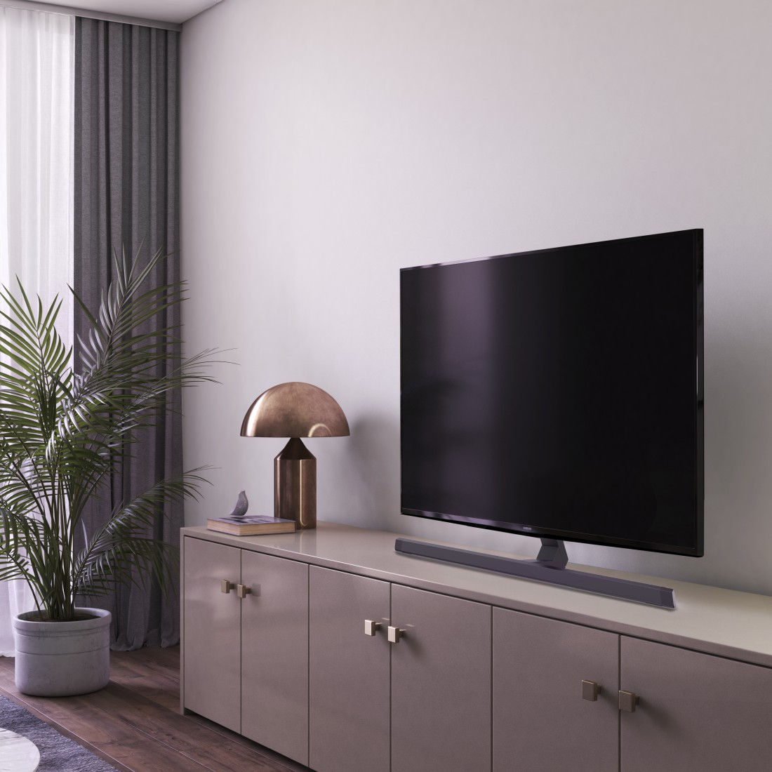 Wohnzimmerszene mit Fernseher auf einem Schrank, einer Lampe und einer Topfpflanze. Neutrale Töne.