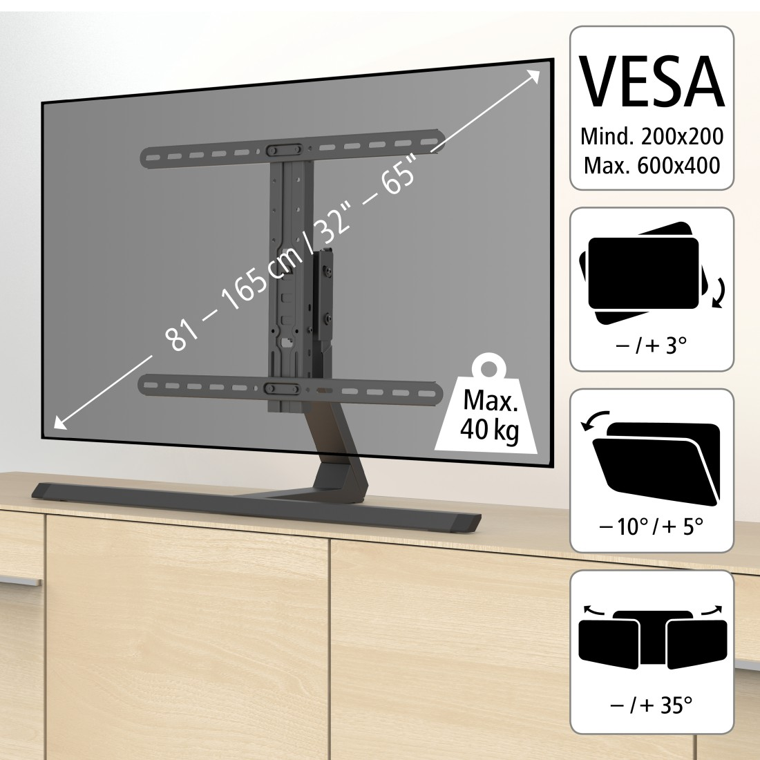 TV-Ständer mit großem Bildschirm. Diagramme zeigen Neigungs- und Drehoptionen, mit max. Gewichtsangaben.