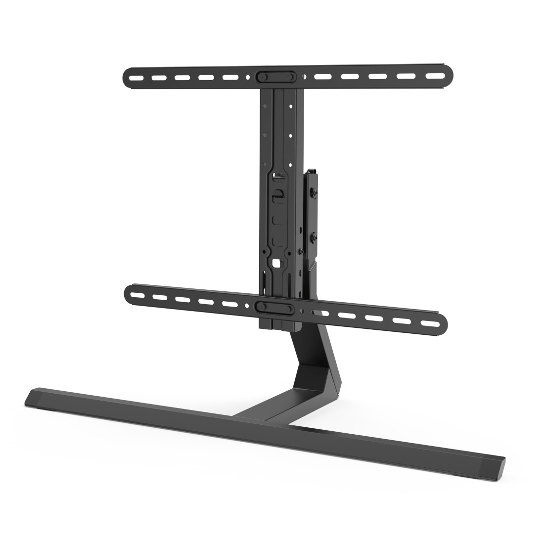 Schwarzer TV-Ständer. Horizontale und vertikale Halterungen, modernes Design.