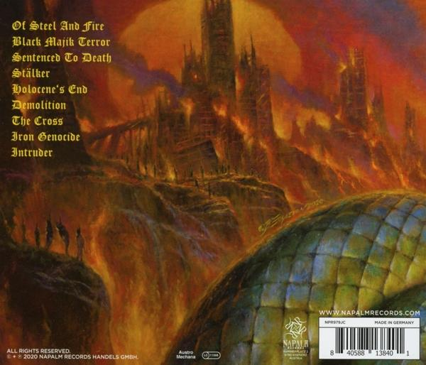 CD-Cover mit höllischer Landschaft mit brennenden Gebäuden und Figuren. Bandname, Albuminfo sichtbar.