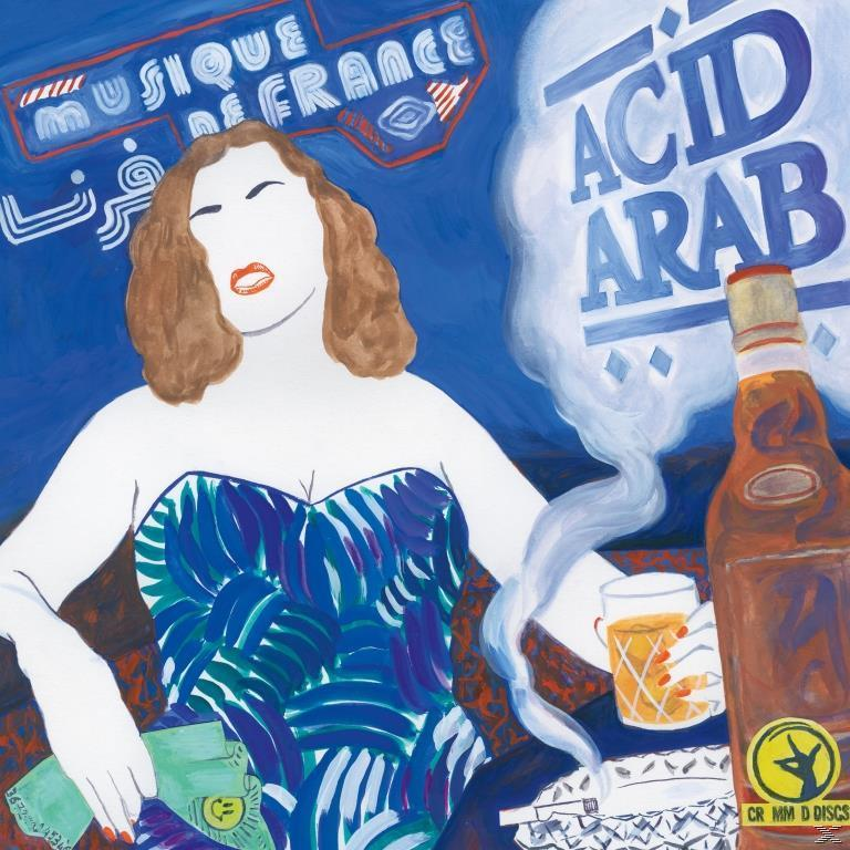 Albumcover mit einer sitzenden Frau, einer Flasche und einem Glas. Der Hintergrund ist blau mit Text.