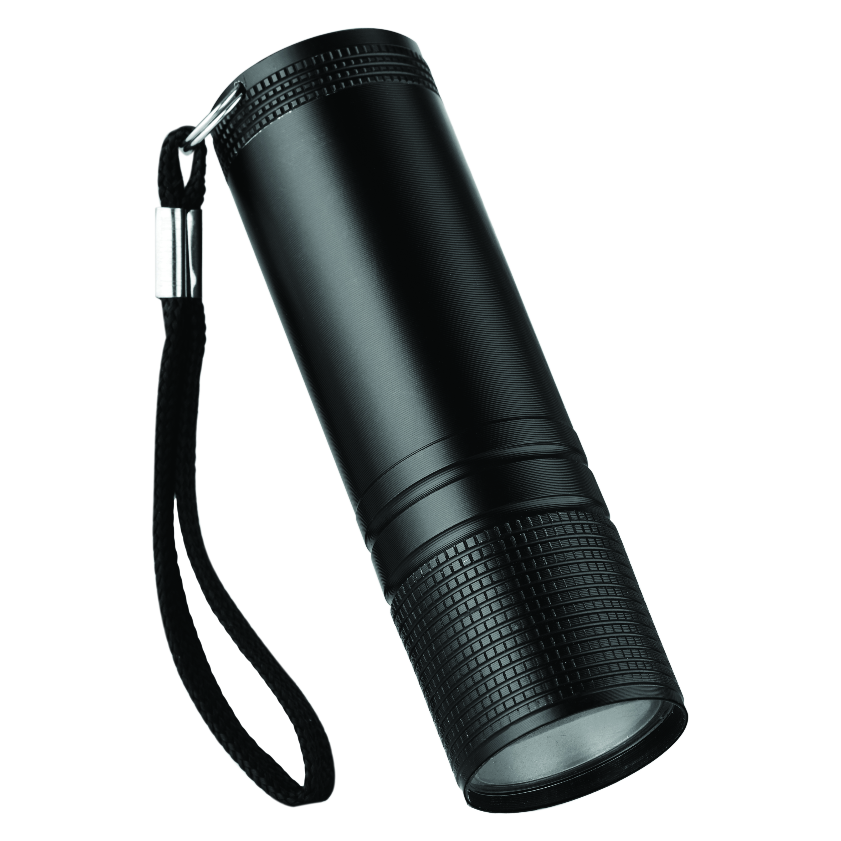 Schwarze Taschenlampe. Sie hat einen schwarzen Riemen.