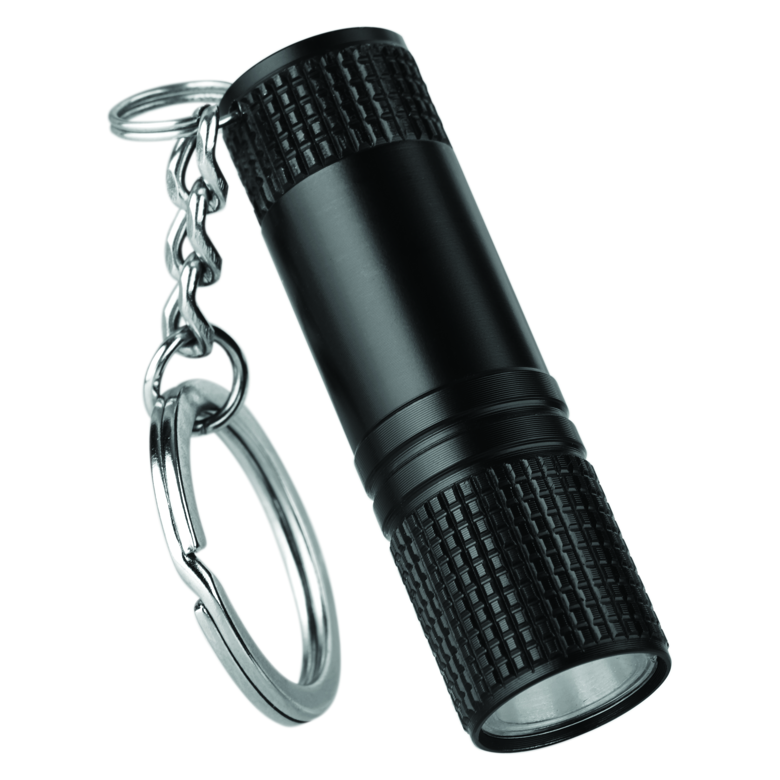 Eine schwarze Schlüsselbund-Taschenlampe mit Metallring und strukturierter Grifffläche.