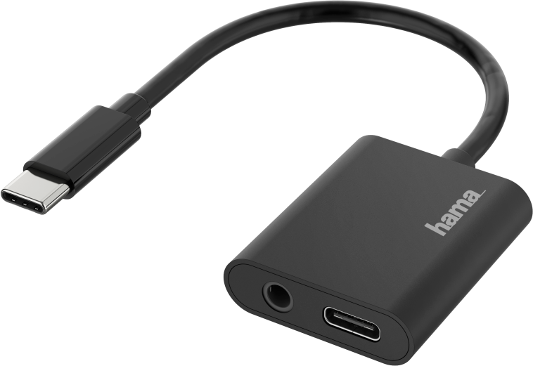 Un adaptateur audio USB-C vers 3,5 mm noir. Il dispose d'une prise jack 3,5 mm et d'un port USB-C, avec la marque 'hama'.