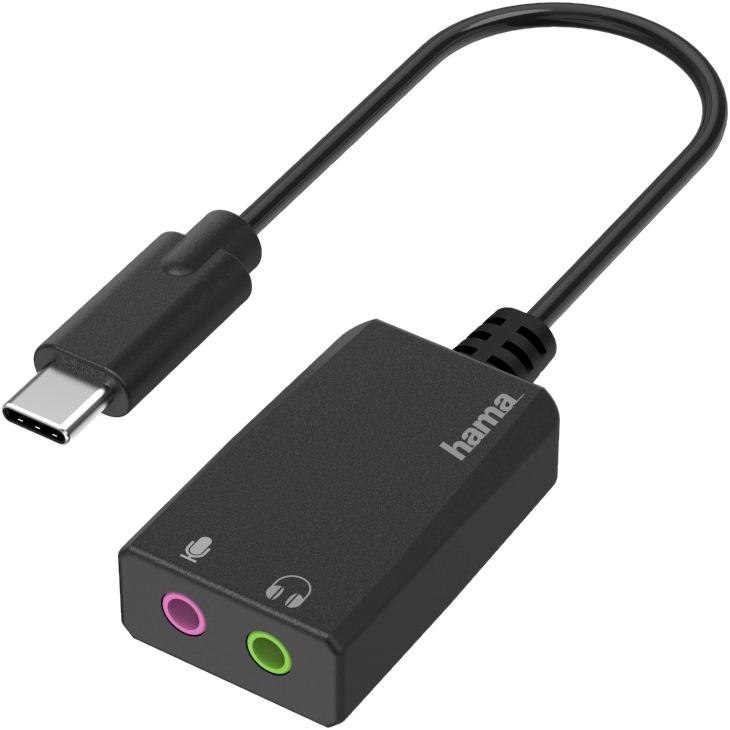 Adaptateur audio noir avec connecteur USB-C, prises audio rose et verte, logo 'hama'.