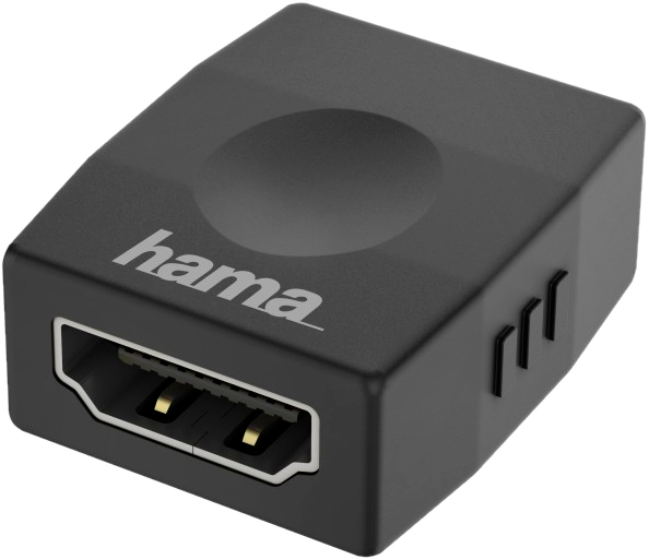 Een zwarte HDMI-adapter met het woord 'hama' erop.