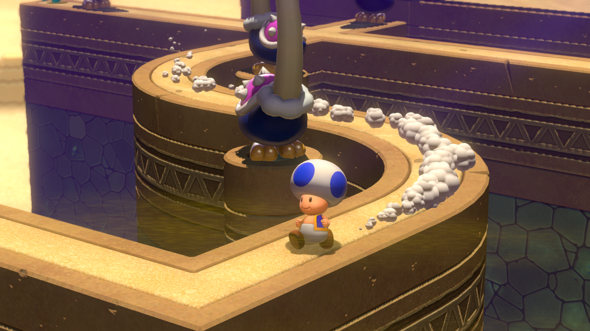 Ein Toad-Charakter läuft auf einem gebogenen Pfad, hinter ihm ein großer schwarz-weißer Feind. Szene ist ein Spiellevel.
