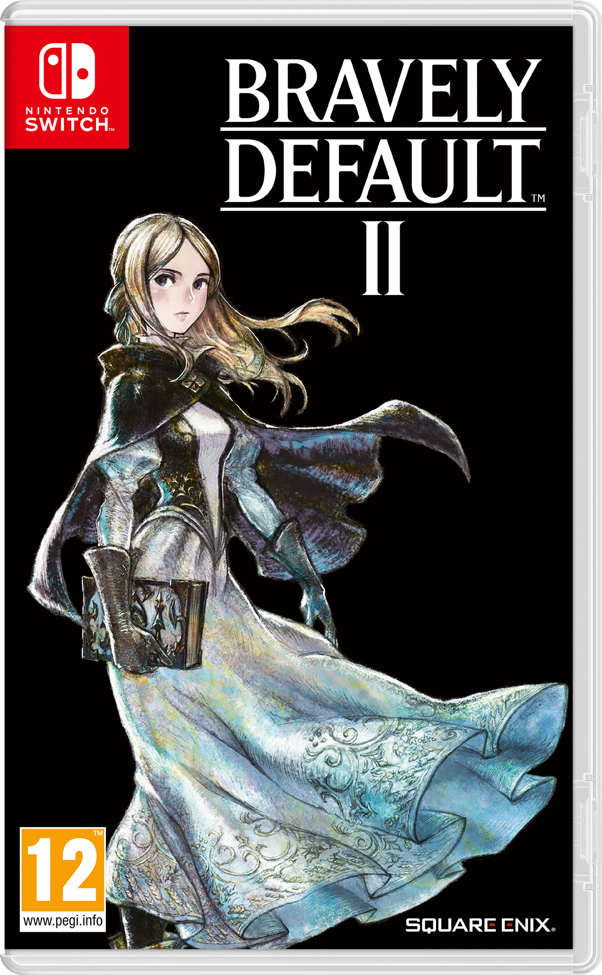 Nintendo Switch-Spielhülle für 'Bravely Default II' mit einer Charakterillustration.