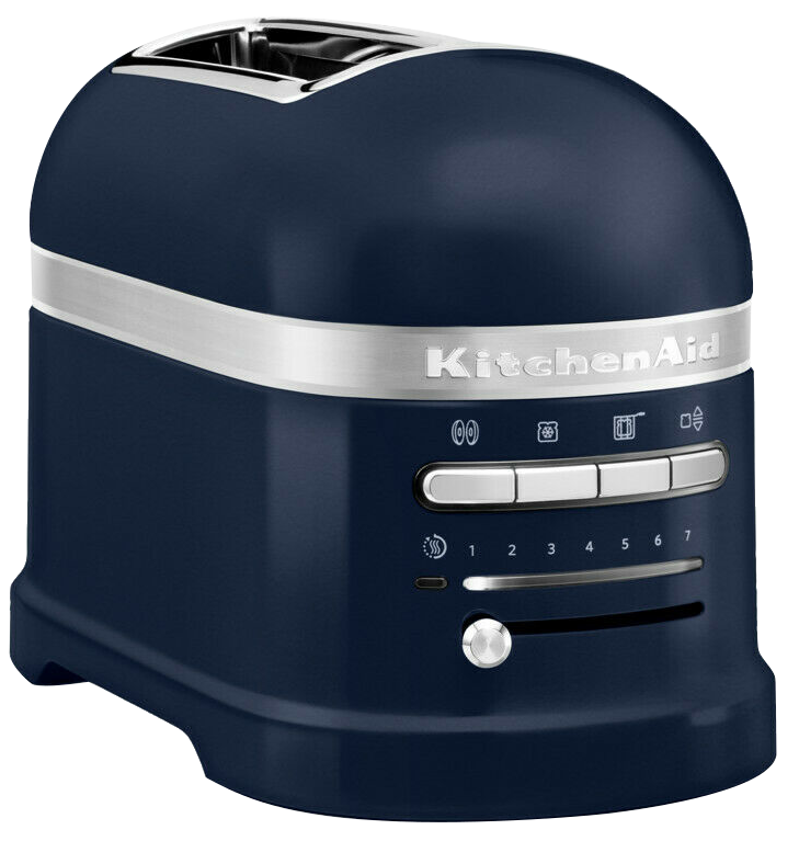 Kék KitchenAid kenyérpirító. Több beállítással és ezüstszegéllyel rendelkezik.