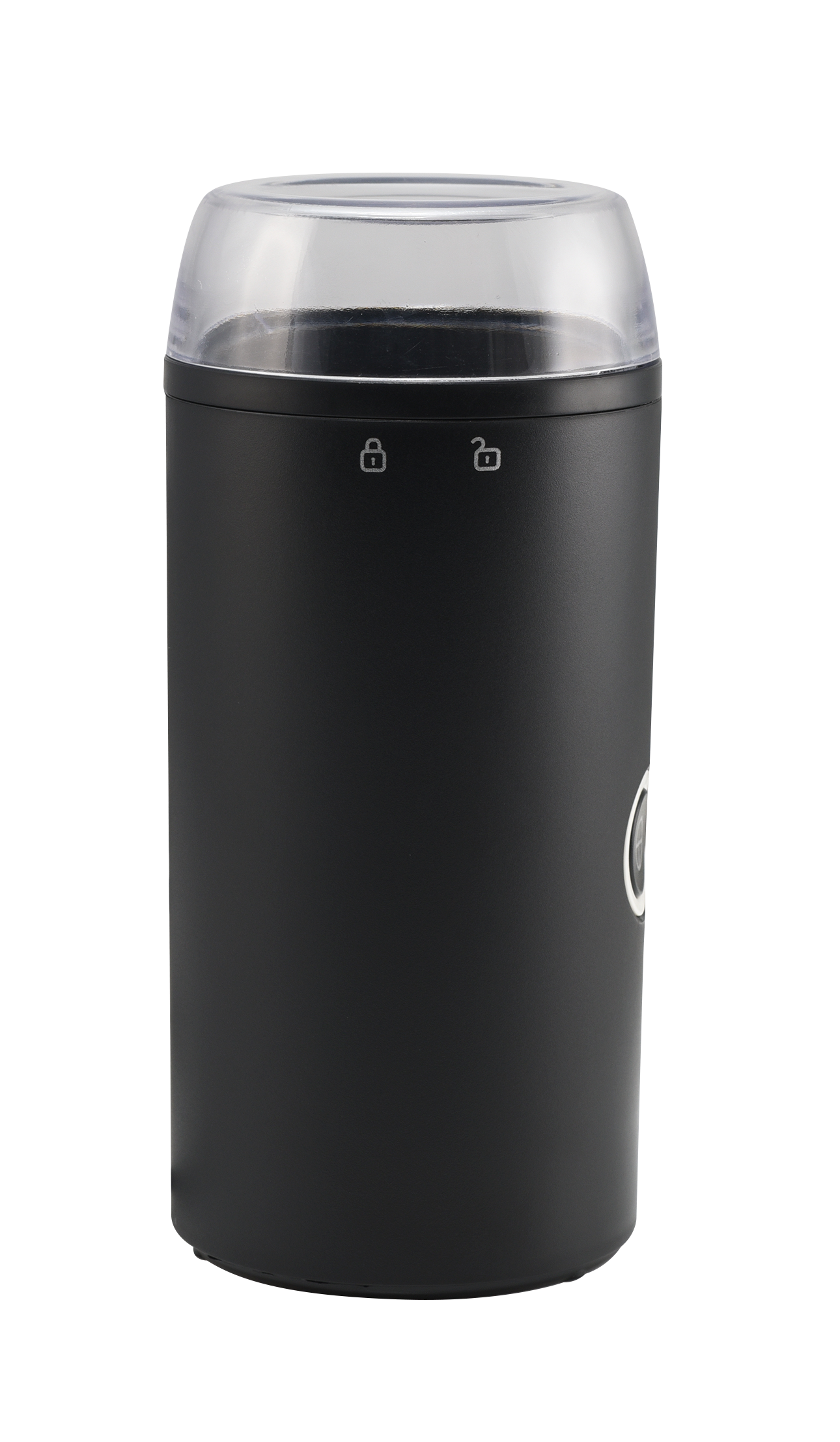 Black coffee grinder with a clear lid, featuring lock/unlock symbols.