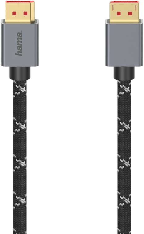 Câble HDMI. Design tressé noir et blanc, connecteurs gris avec extrémités dorées.