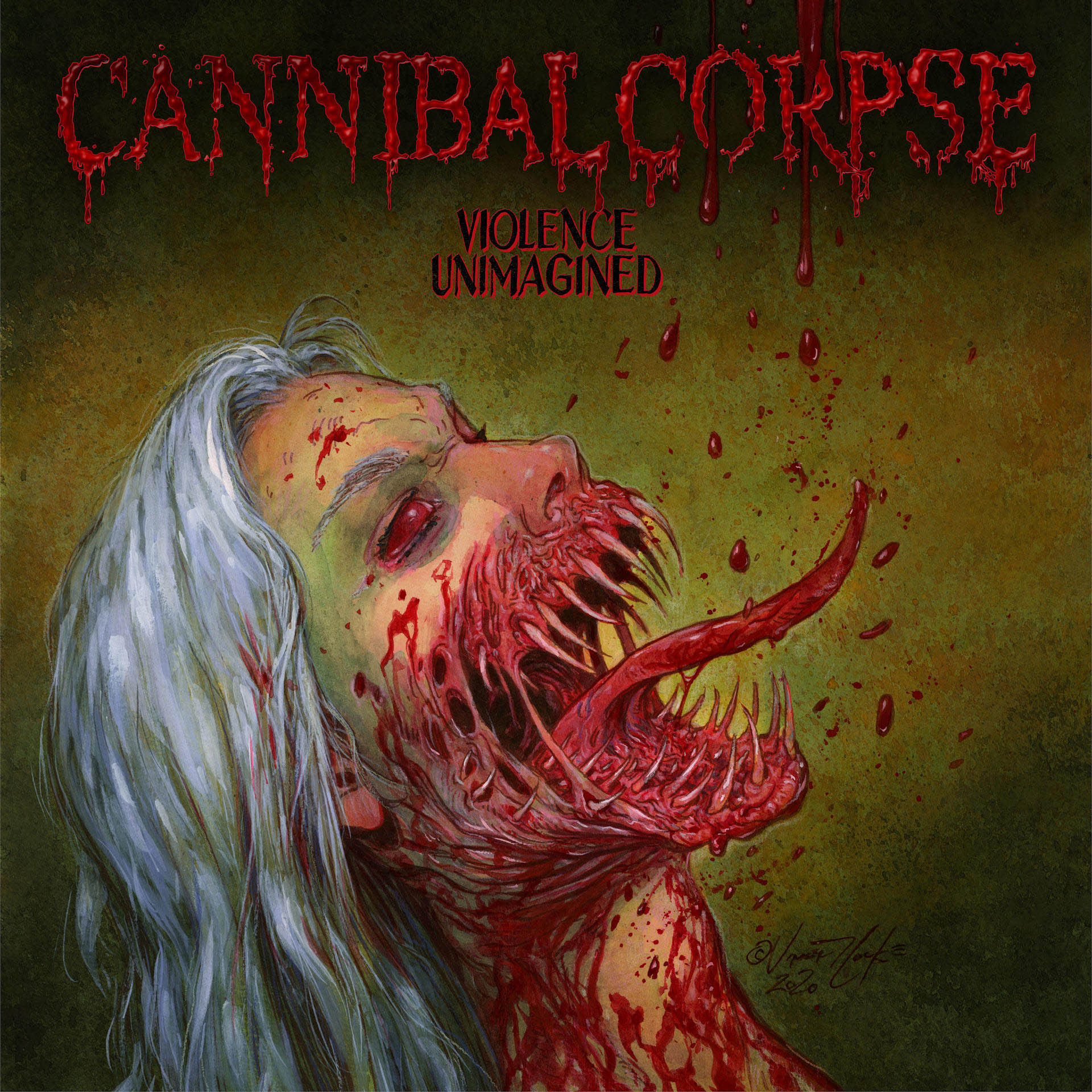 Albumcover mit einem grotesken, offenem Mund mit freiliegenden Zähnen und einer langen Zunge. Blut ist prominent.