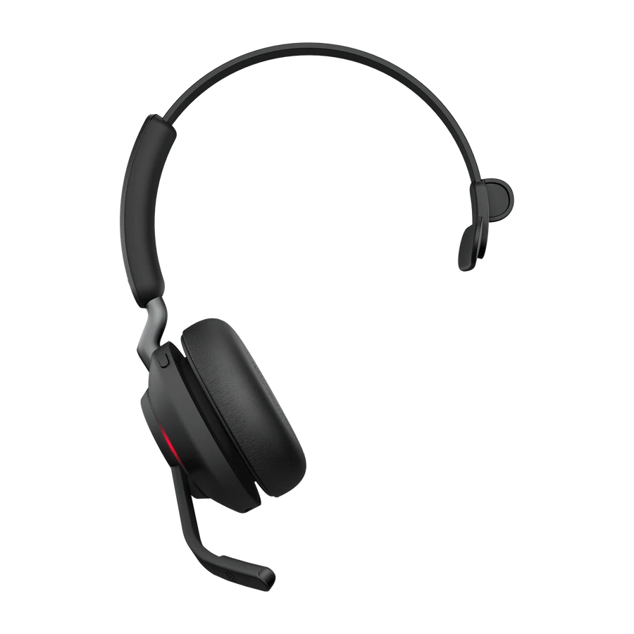 Schwarzes Jabra-Headset mit Mikrofon, abgewinkelt, auf schwarzem Hintergrund.