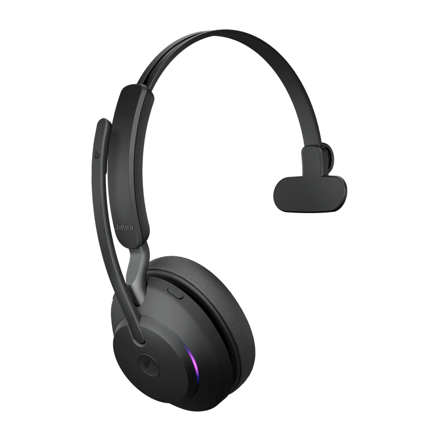 Schwarzes Jabra-Headset. Hat einen Kopfbügel, einen Mikrofonarm und einen Ohrmuschel. Schwarzer Hintergrund.