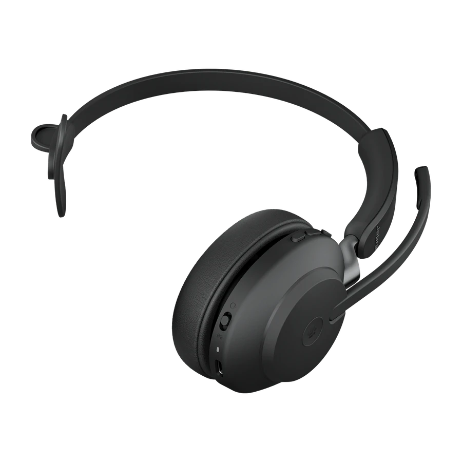 Schwarzes Jabra-Headset mit Mikrofon. Abgewinkelte Ansicht, isoliert auf schwarzem Hintergrund.