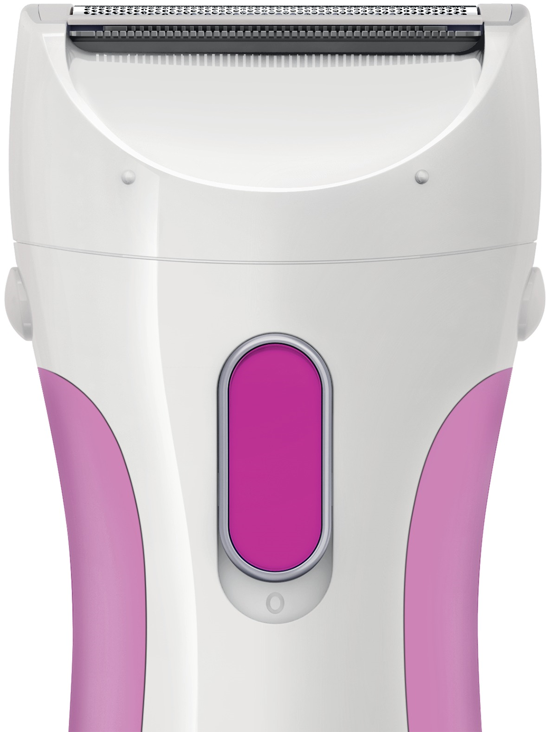 Witte en roze elektrische scheerapparaat met zilveren knop en trimmerkop.