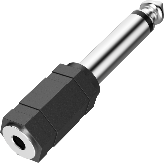 Adaptateur de prise audio 6,35 mm argenté et noir, avec base hexagonale noire.