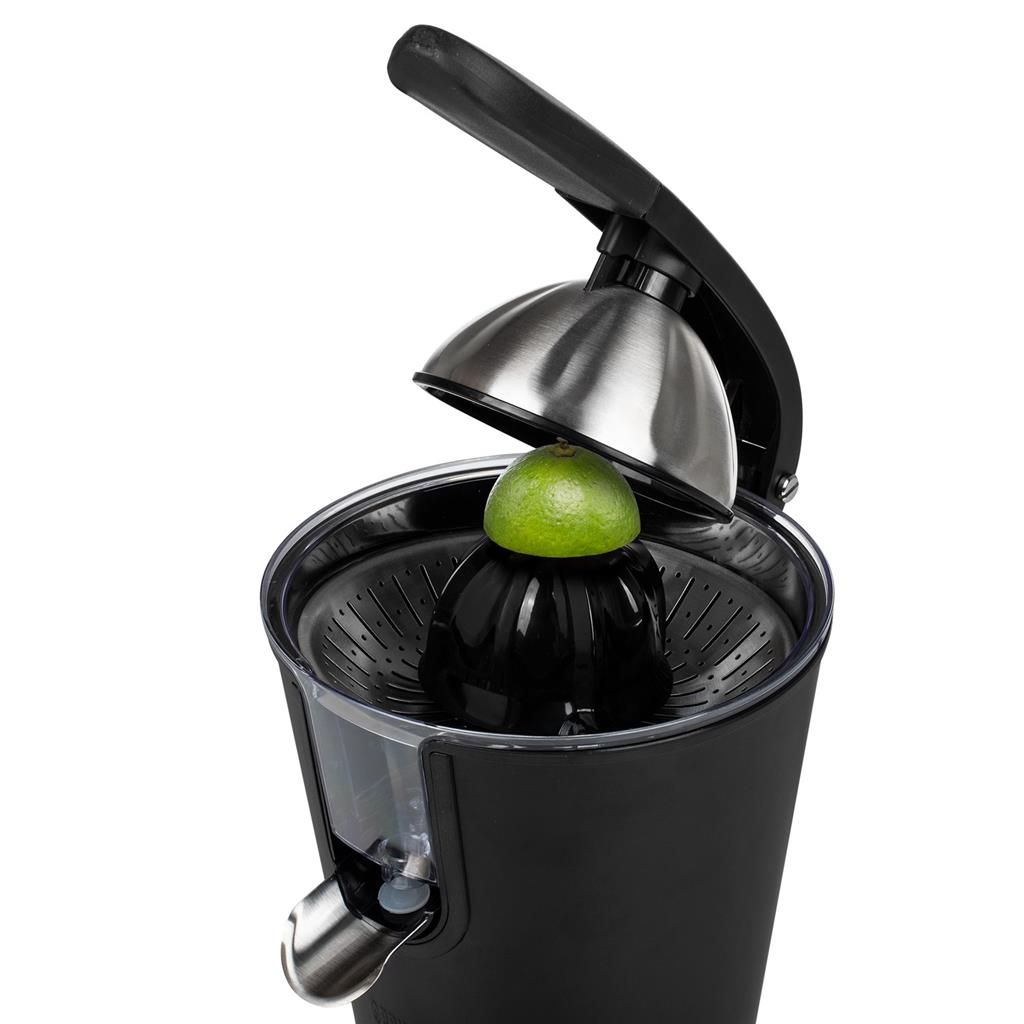 A black and stainless steel citrus juicer with a lime inside.