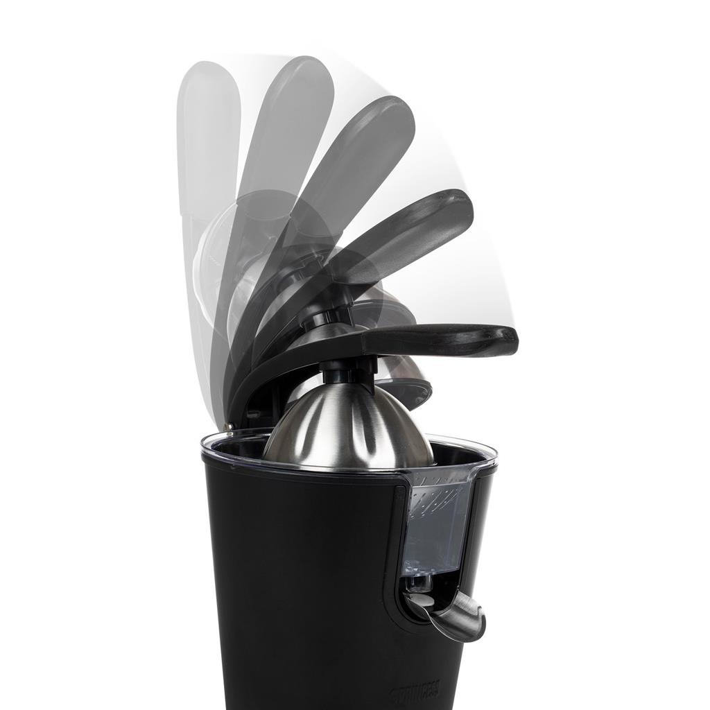 Citrus juicer, black base with stainless steel juicing parts.