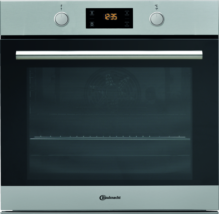 Einbau-Backofen aus Edelstahl mit Zeit- und Temperaturreglern.