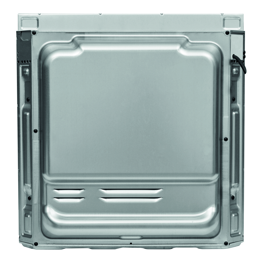 Die Rückseite eines Ofens mit silbernem Metallic-Finish. Es hat eine rechteckige Form und einige Lüftungsschlitze.