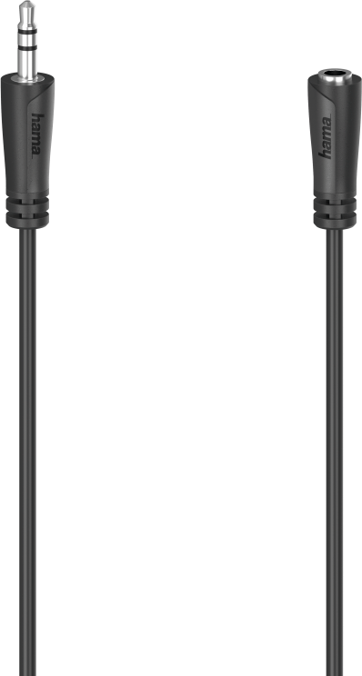 Zwarte audiokabel met een 3,5mm jack en een 3,5mm socket. Hama logo zichtbaar.
