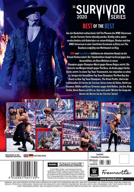 Ein DVD-Cover für WWE Survivor Series 2020, mit Wrestlern und Text.