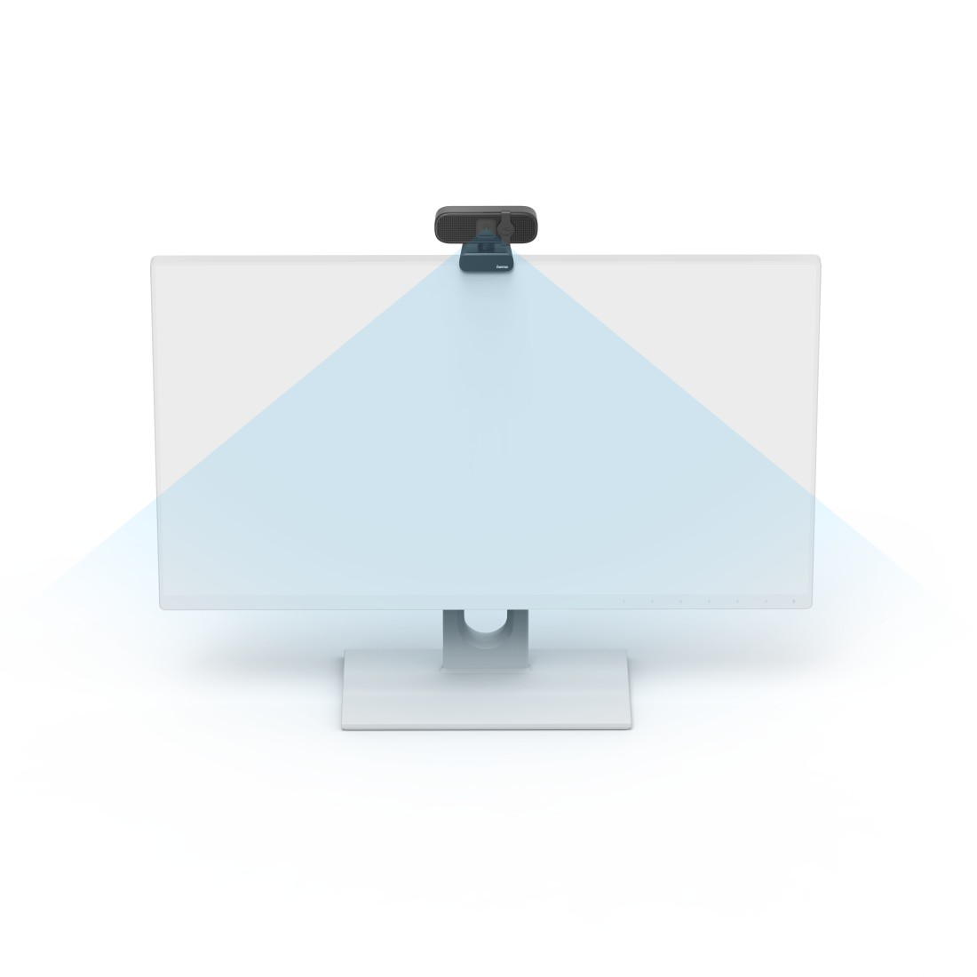 Webcam auf einem weißen Monitor, blaue Lichtkegel zeigen Sichtfeld.