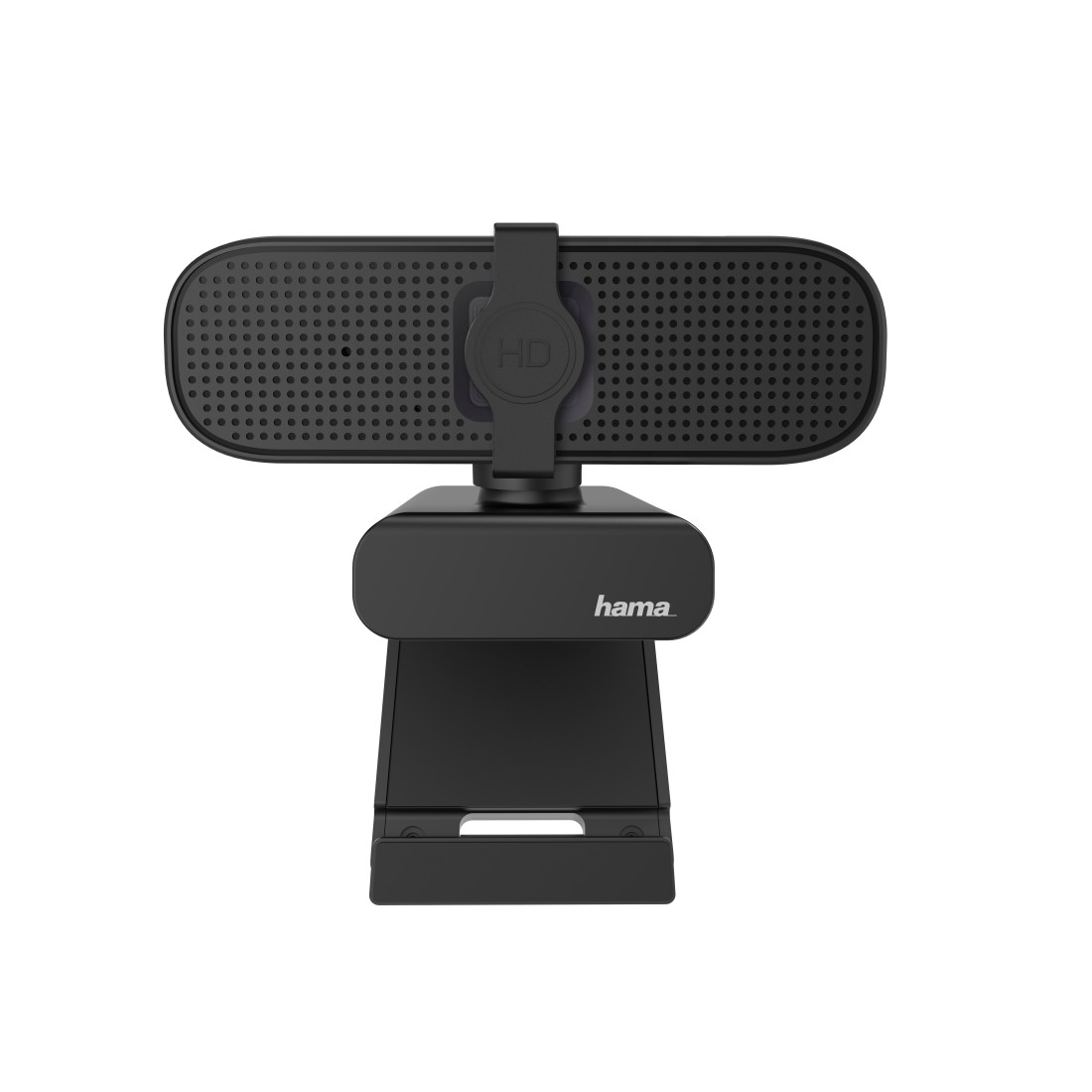 Schwarze HD-Webcam mit Mikrofon und verstellbarem Ständer.