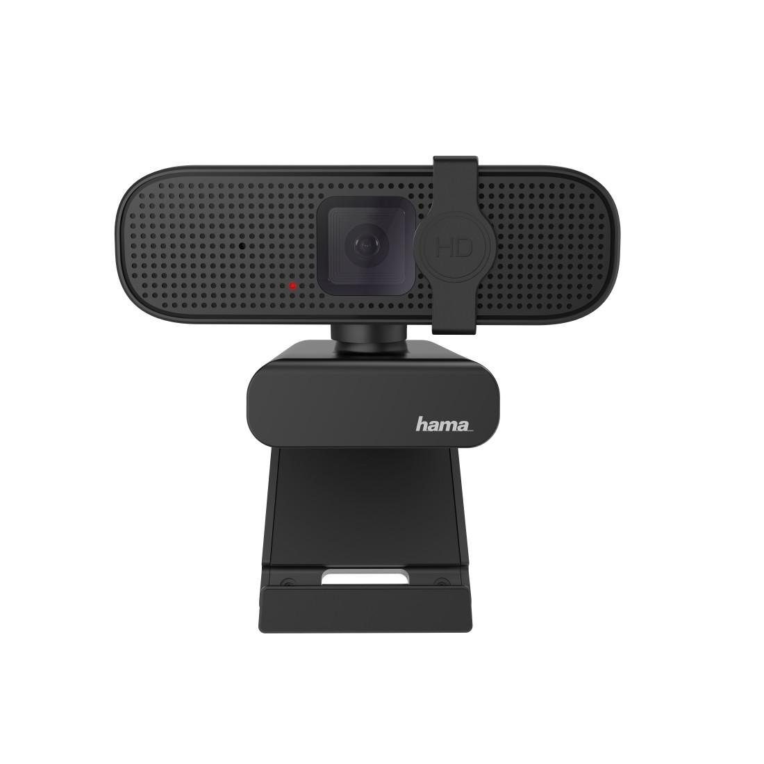 Eine schwarze Hama Webcam mit HD-Logo und rotem Lämpchen.
