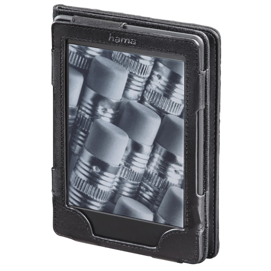 Ein schwarzer E-Reader mit einem Bild von Bleistiften mit Radiergummis.