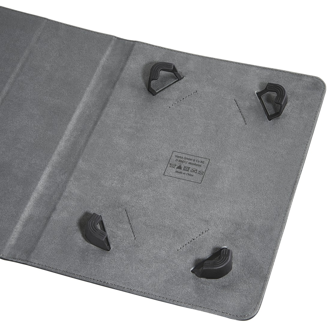 Eine graue Tablet-Hülle mit schwarzen Eckhaltern.