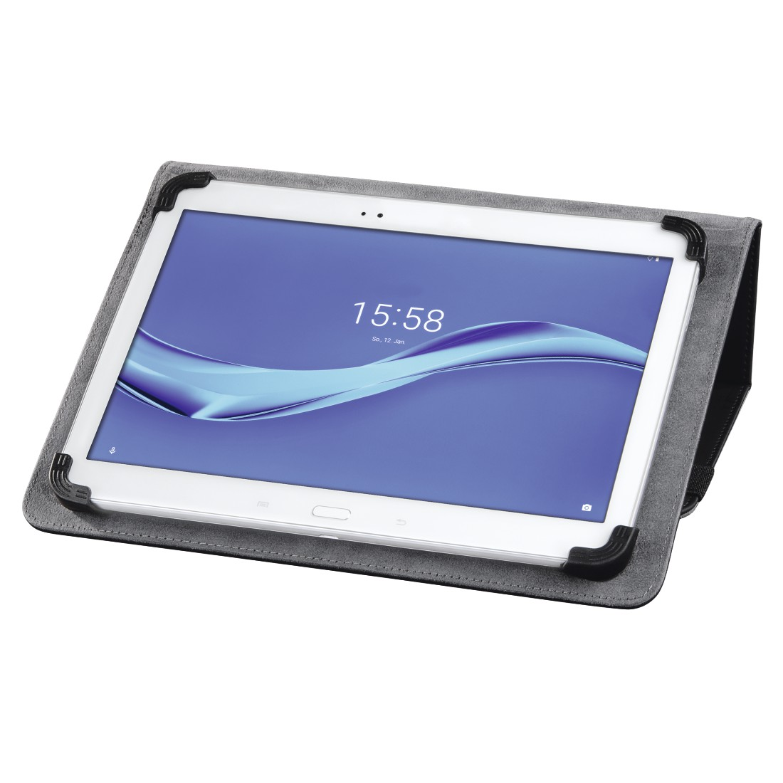 Tablet in grauem Gehäuse auf einem Tisch. Der Bildschirm zeigt die Uhrzeit 15:58.