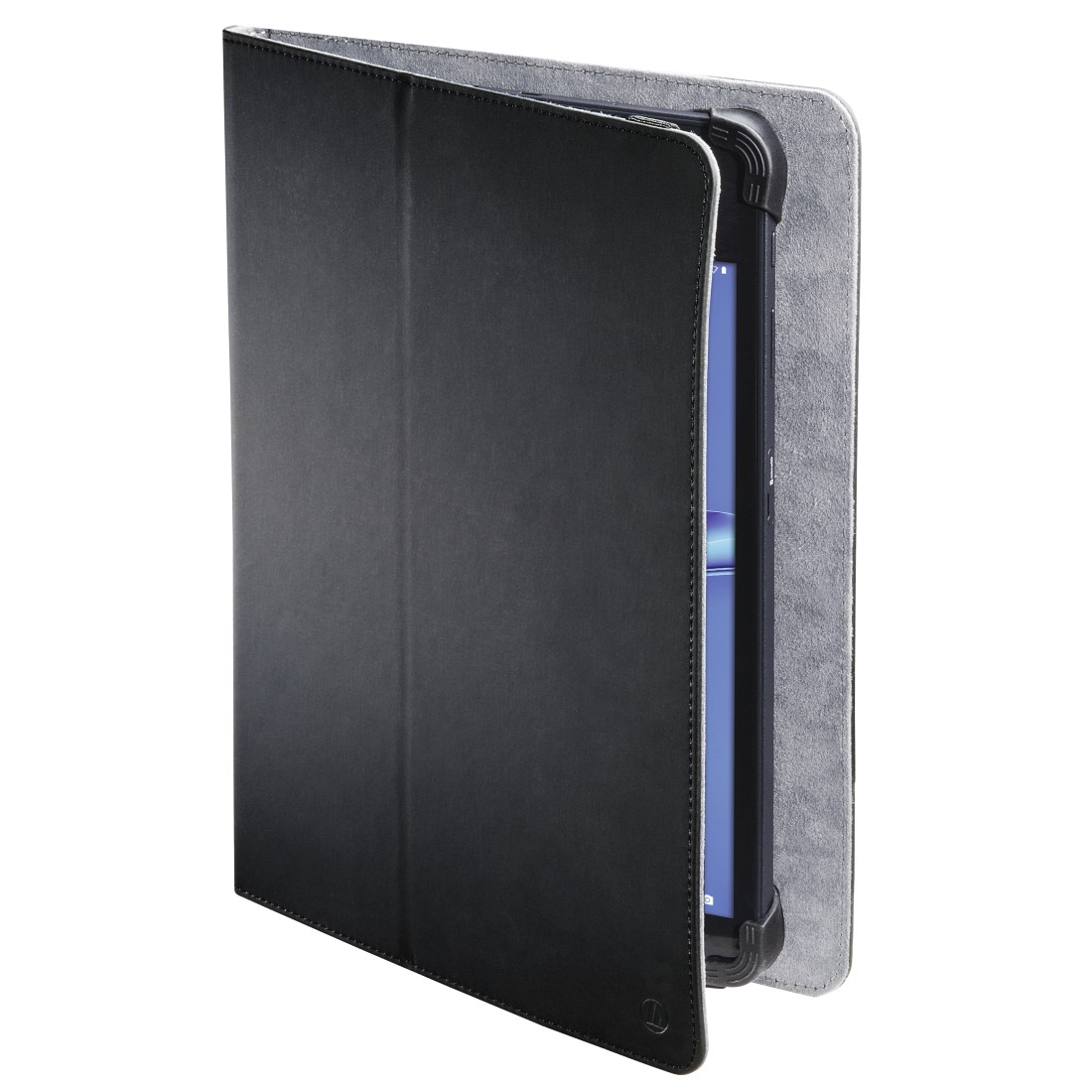 Ein schwarzes Tablet in einer schwarzen Hülle. Die Hülle ist offen und zeigt den Bildschirm.