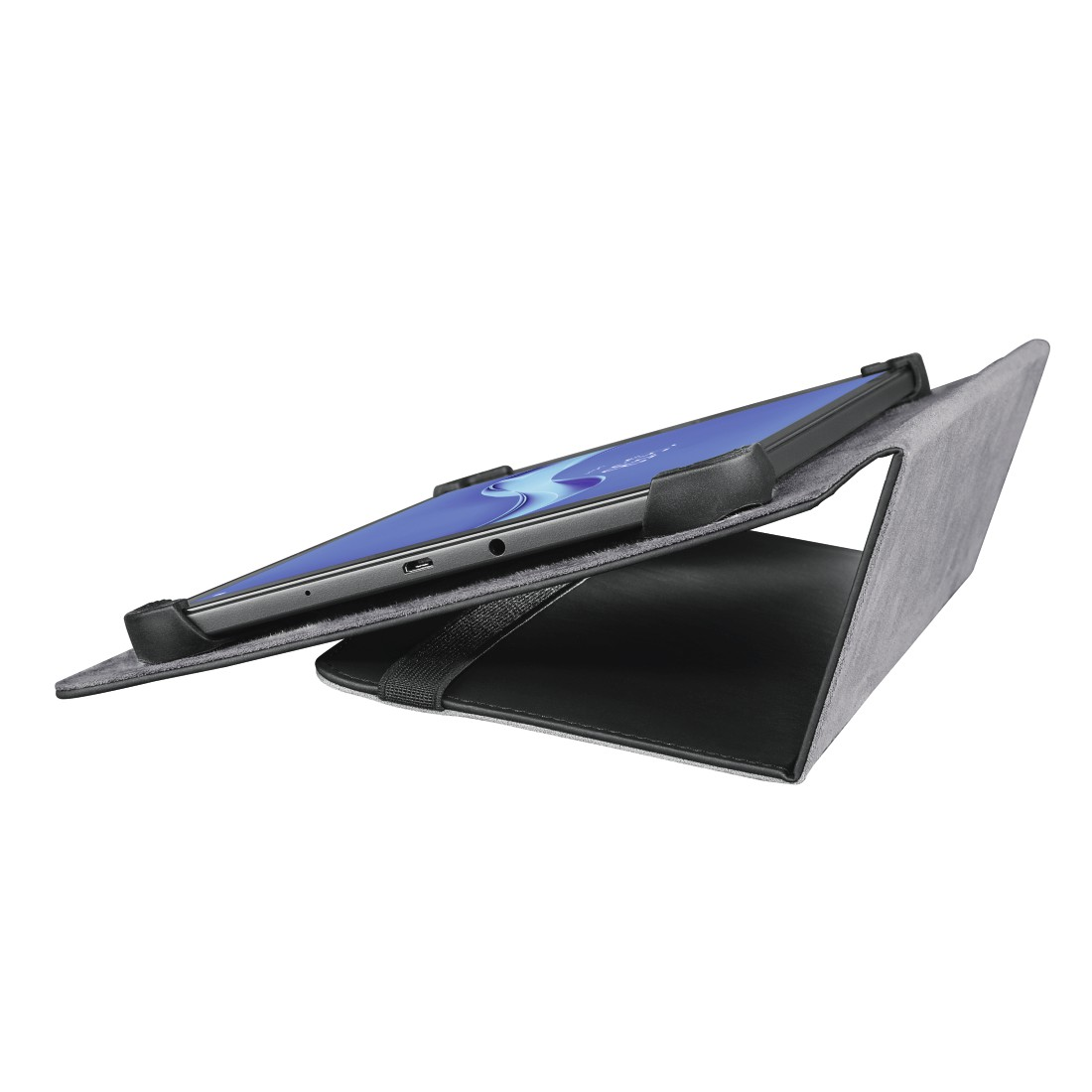 Ein Tablet in einer Hülle, nach oben geneigt, mit schwarzem Cover und grauem, strukturiertem Äußeren.