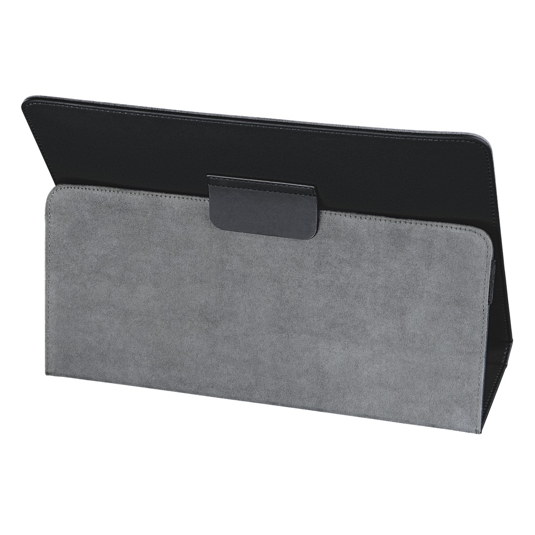 Grau-schwarze Tablet-Hülle, geöffnet. Die Rückseite ist grau, die Vorderseite schwarz.