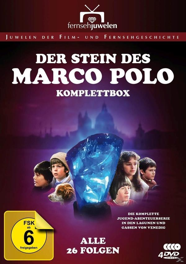 DVD-Cover: 'Der Stein des Marco Polo' mit Kindern und einem blauen Kristall.