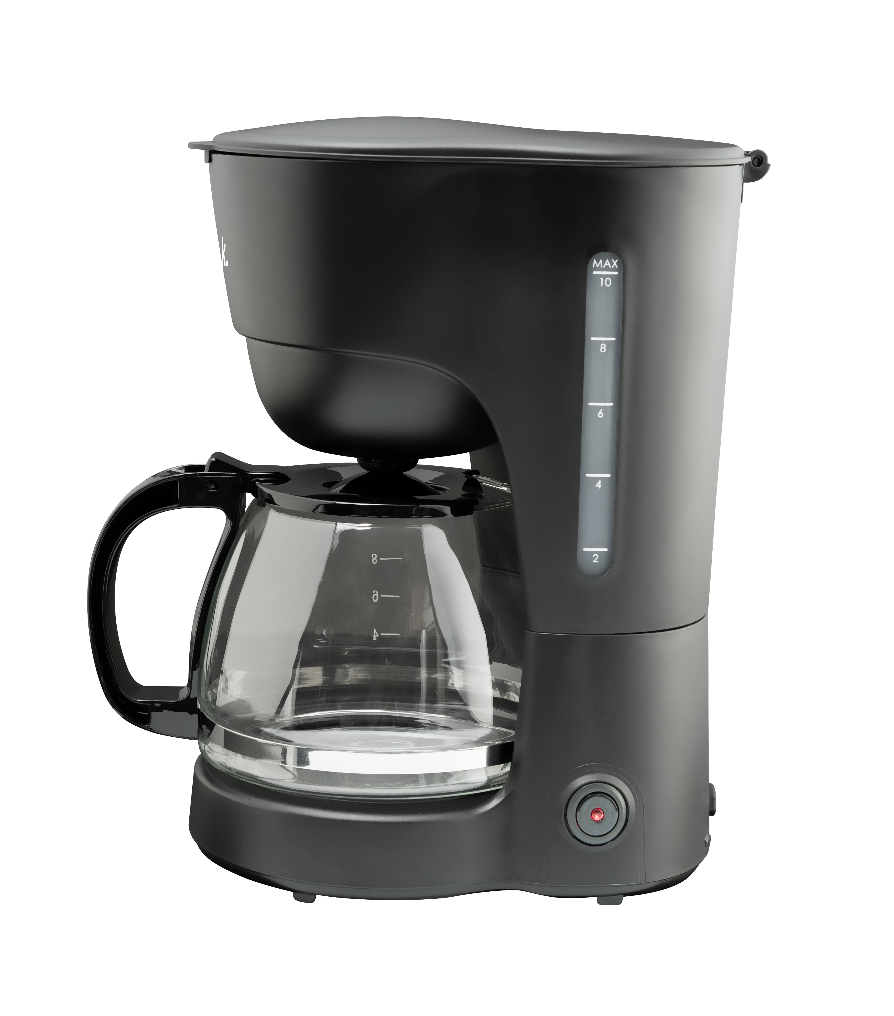 A black coffee maker with a glass carafe, the water level marked on the side.