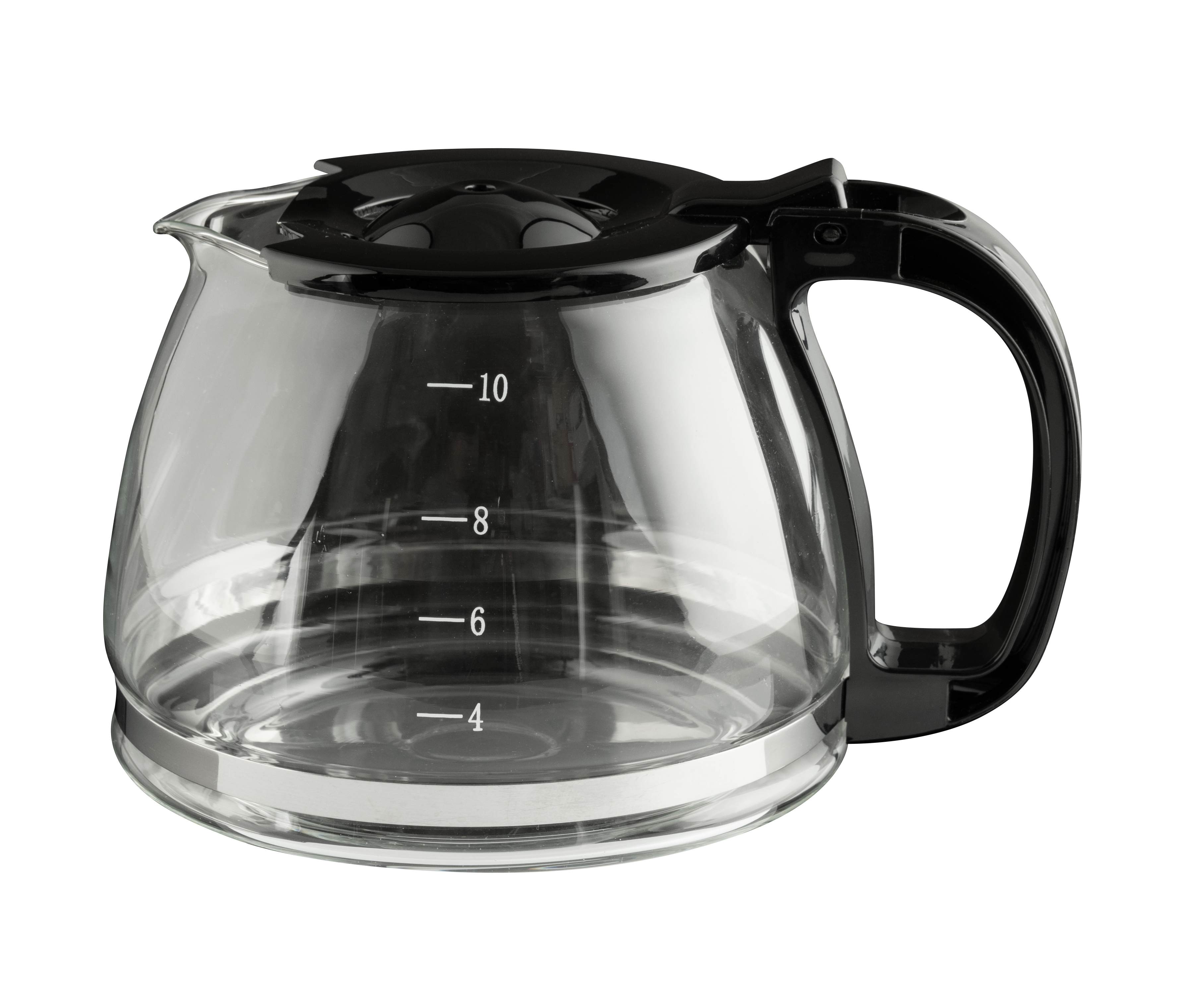 Glass coffee pot with black handle and lid. Clear, with volume markings.