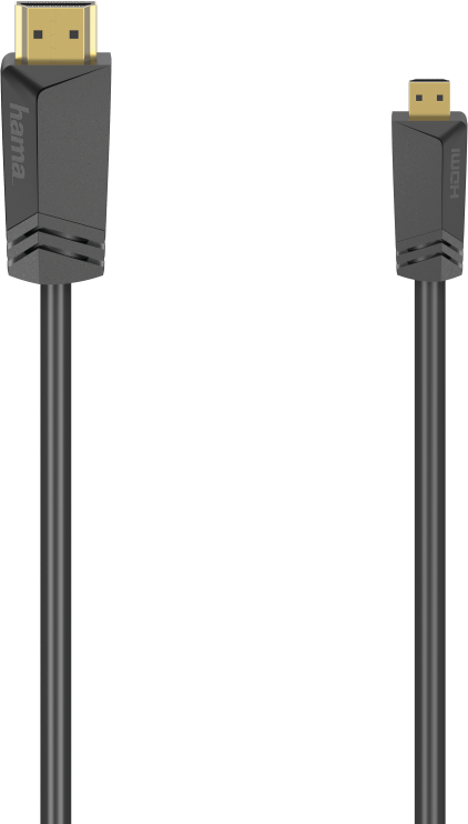 Câble HDMI vers DisplayPort noir avec logo 'hama'. Deux connecteurs sont visibles.
