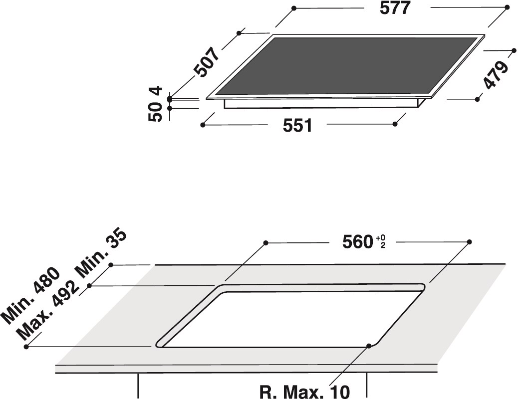 Diagramm eines schwarzen Kochfelds mit Abmessungen. Maße in Millimetern.